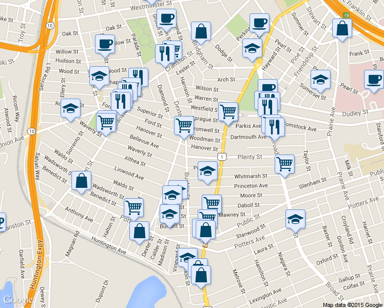 map of restaurants, bars, coffee shops, grocery stores, and more near 61 Hanover Street in Providence