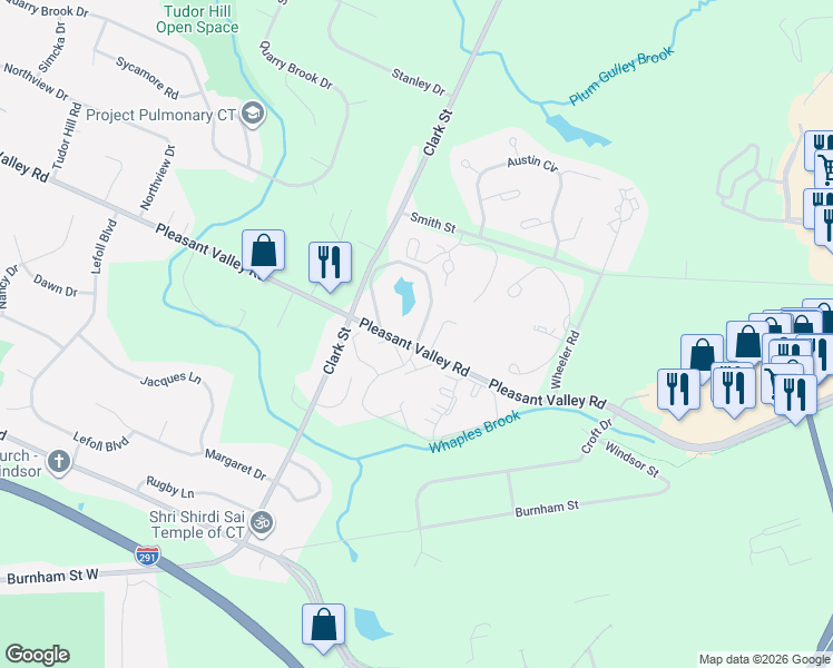 map of restaurants, bars, coffee shops, grocery stores, and more near 42 Cinnamon Spring in South Windsor
