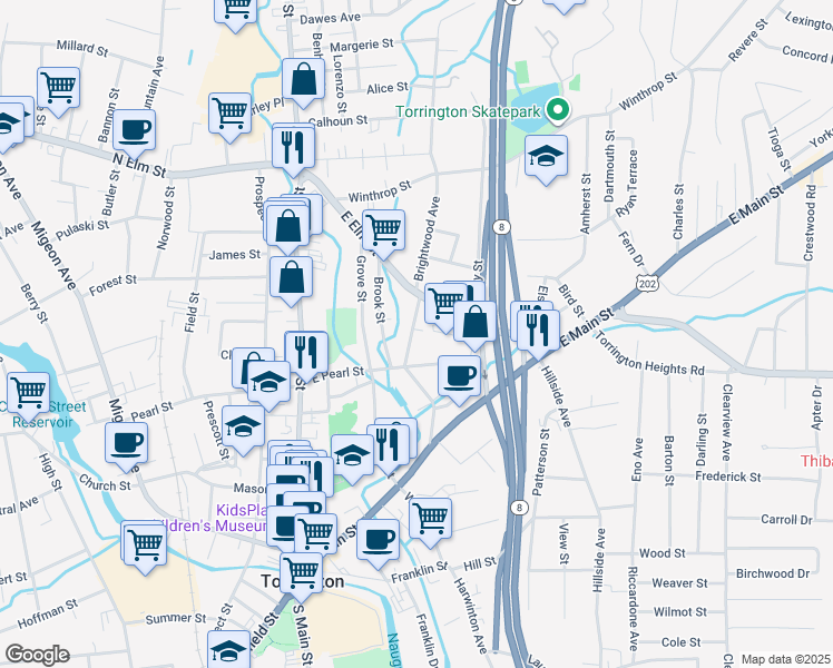 map of restaurants, bars, coffee shops, grocery stores, and more near 65 Brightwood Avenue in Torrington