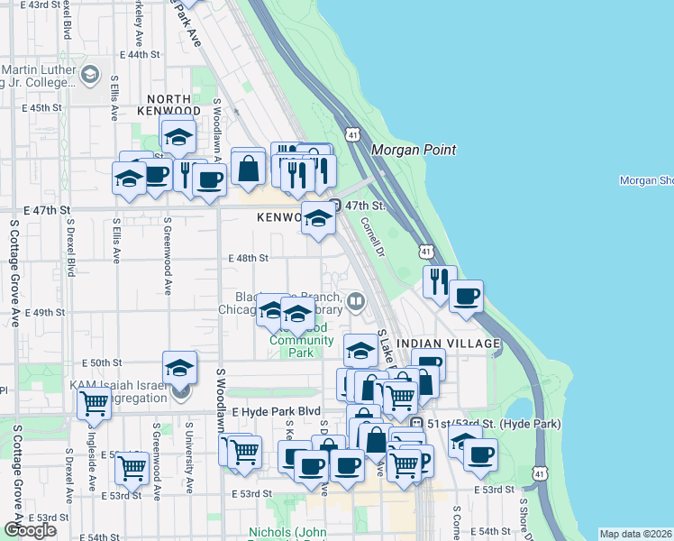 map of restaurants, bars, coffee shops, grocery stores, and more near 1420 East 48th Street in Chicago