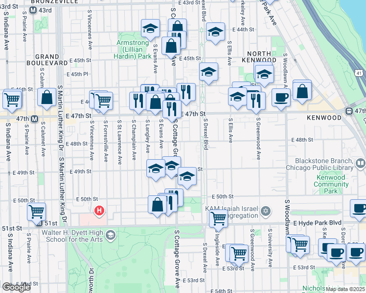 map of restaurants, bars, coffee shops, grocery stores, and more near 812 East 48th Street in Chicago