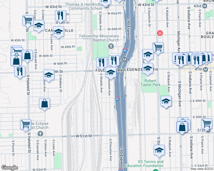 map of restaurants, bars, coffee shops, grocery stores, and more near 4737 South Princeton Avenue in Chicago