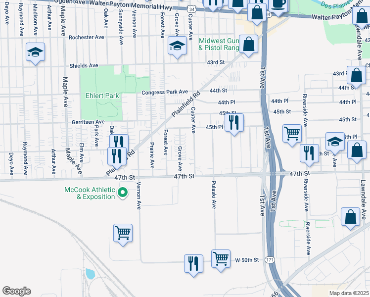 map of restaurants, bars, coffee shops, grocery stores, and more near 4514 Grove Avenue in Brookfield