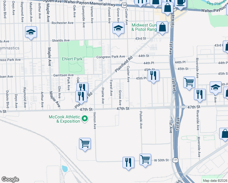 map of restaurants, bars, coffee shops, grocery stores, and more near 4514 Grove Avenue in Brookfield