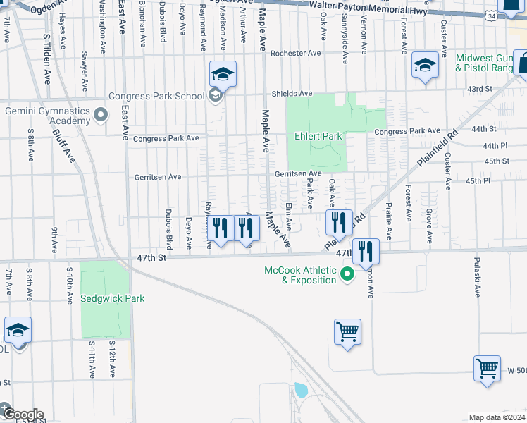 map of restaurants, bars, coffee shops, grocery stores, and more near 4525 Arthur Avenue in Brookfield