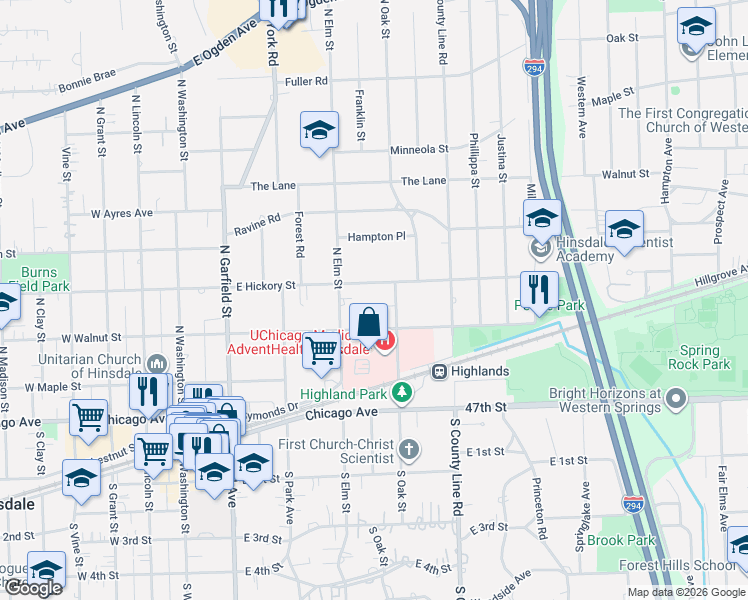 map of restaurants, bars, coffee shops, grocery stores, and more near 329 East Hickory Street in Hinsdale