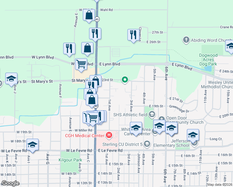 map of restaurants, bars, coffee shops, grocery stores, and more near 105 East 23rd Street in Sterling