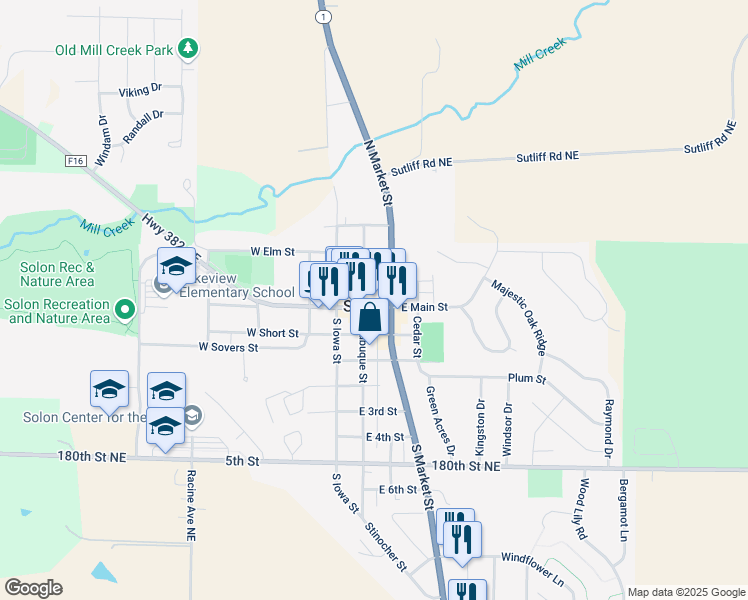 map of restaurants, bars, coffee shops, grocery stores, and more near 131 E North St in Solon