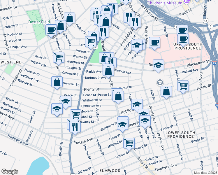 map of restaurants, bars, coffee shops, grocery stores, and more near 79 Wesleyan Avenue in Providence