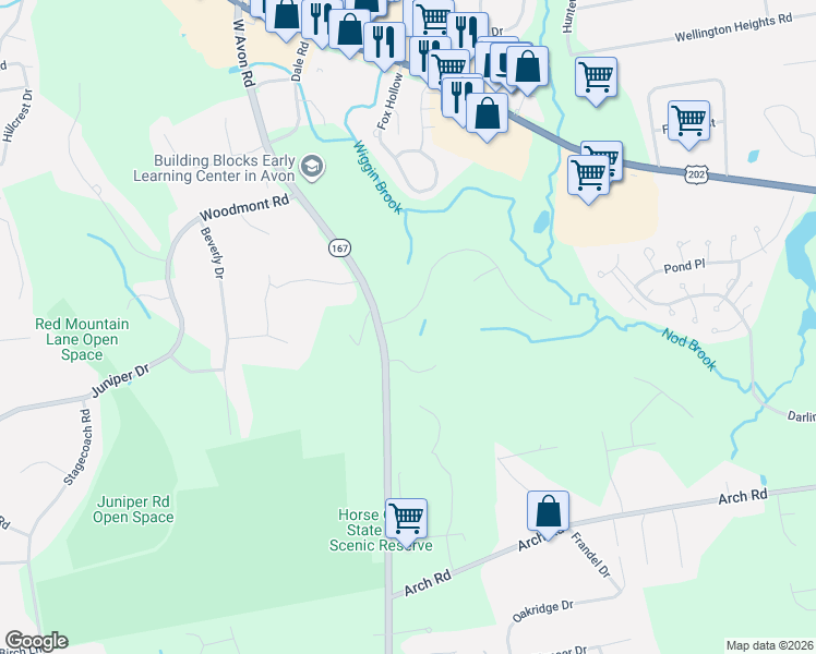 map of restaurants, bars, coffee shops, grocery stores, and more near 11 Meadow Ridge in Avon