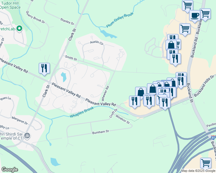 map of restaurants, bars, coffee shops, grocery stores, and more near 1-99 Wheeler Road in South Windsor