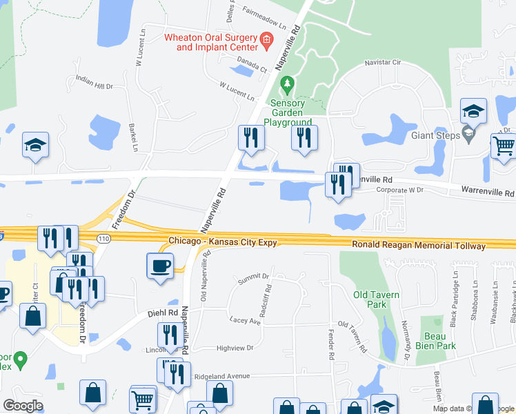 map of restaurants, bars, coffee shops, grocery stores, and more near 3333 Warrenville Road in Lisle