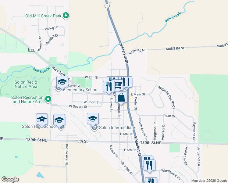 map of restaurants, bars, coffee shops, grocery stores, and more near 101-199 West North Street in Solon