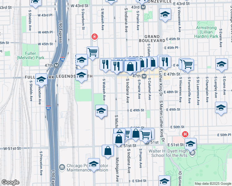 map of restaurants, bars, coffee shops, grocery stores, and more near S Michigan Ave & E 48th St in Chicago