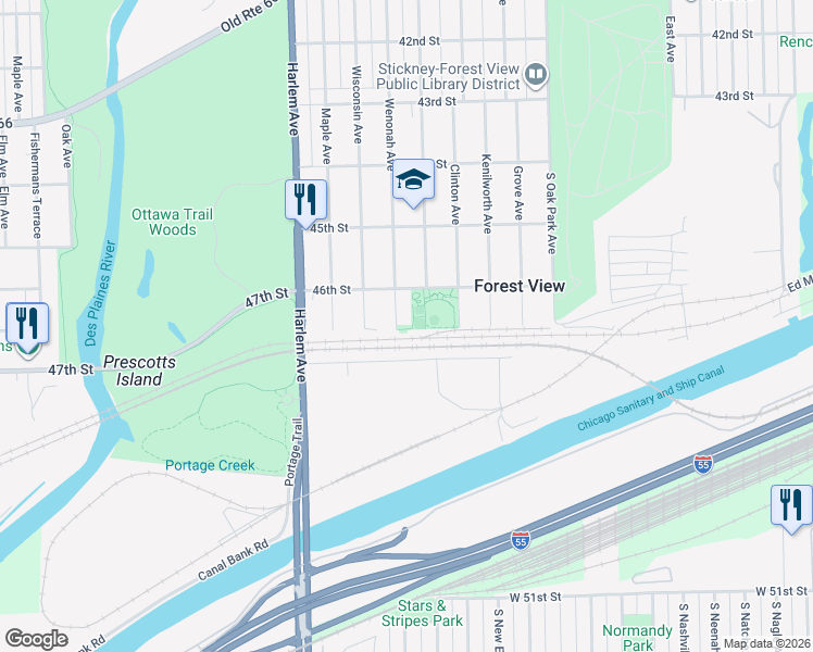map of restaurants, bars, coffee shops, grocery stores, and more near 4621 Wenonah Avenue in Forest View