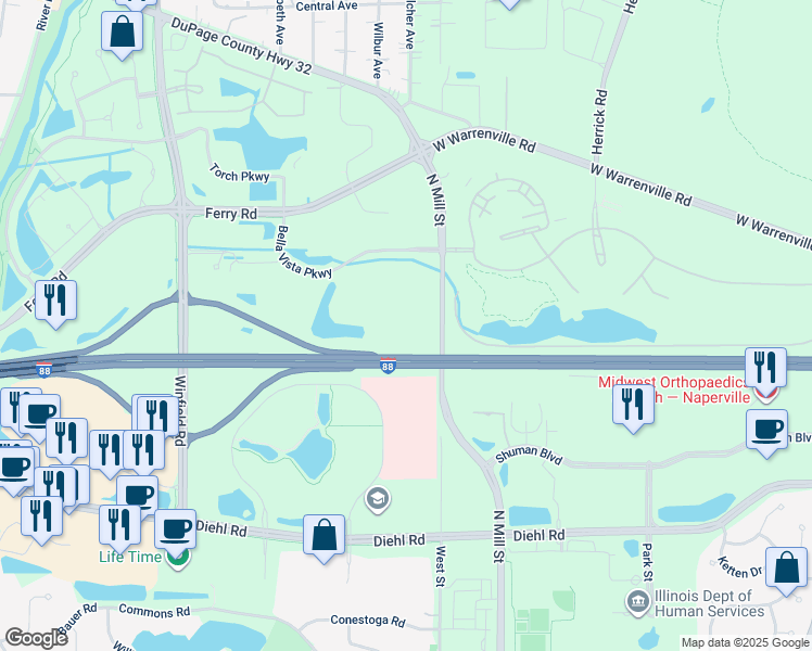 map of restaurants, bars, coffee shops, grocery stores, and more near 27201 Bella Vista Parkway in Warrenville
