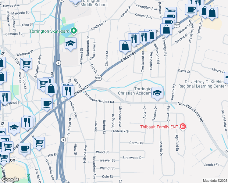 map of restaurants, bars, coffee shops, grocery stores, and more near 84 Irving Avenue in Torrington