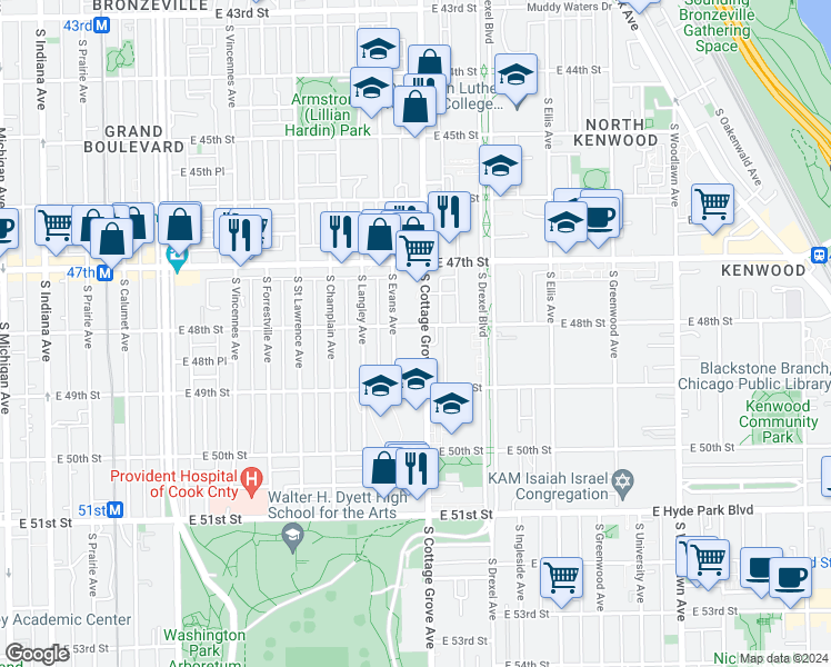 map of restaurants, bars, coffee shops, grocery stores, and more near 4800 South Cottage Grove Avenue in Chicago