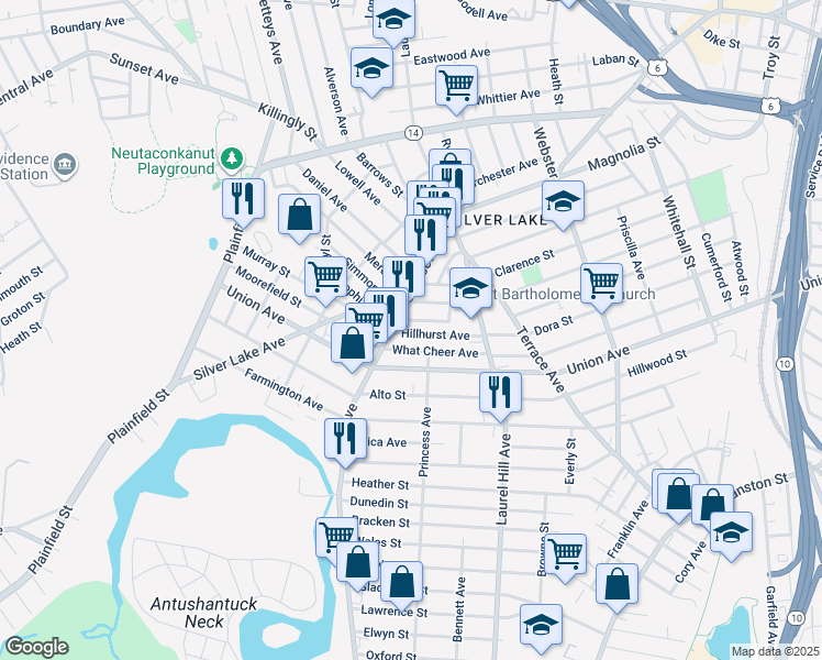 map of restaurants, bars, coffee shops, grocery stores, and more near 16 Hillhurst Avenue in Providence