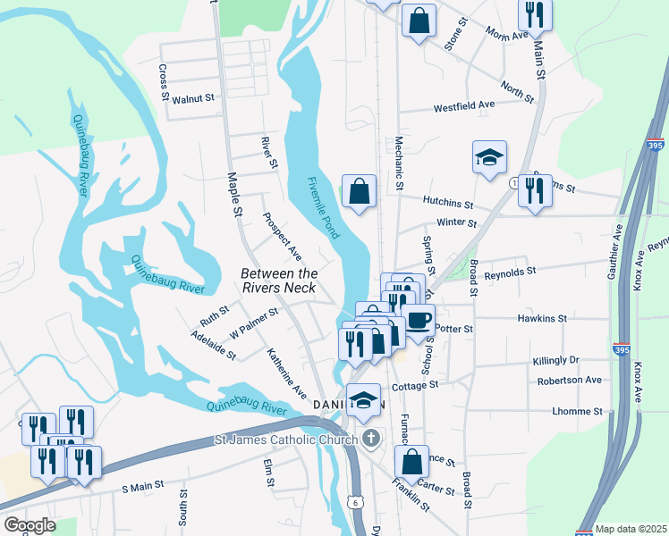 map of restaurants, bars, coffee shops, grocery stores, and more near 26 Buck Street in Killingly