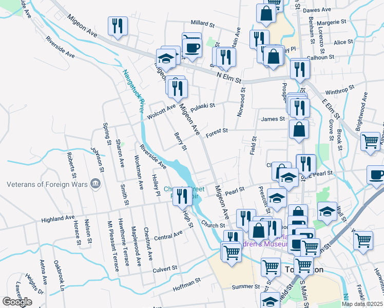 map of restaurants, bars, coffee shops, grocery stores, and more near 72 Berry Street in Torrington