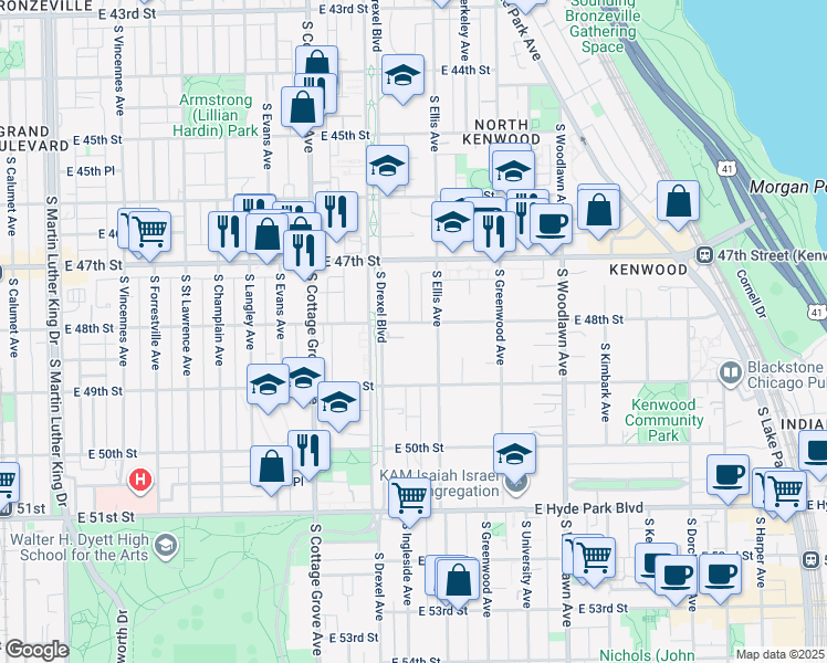 map of restaurants, bars, coffee shops, grocery stores, and more near 922 East 48th Street in Chicago