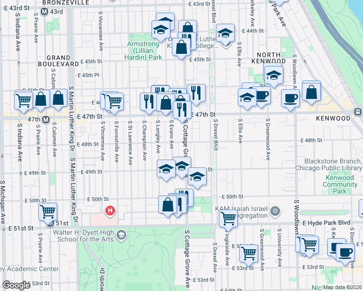 map of restaurants, bars, coffee shops, grocery stores, and more near 4749 South Evans Avenue in Chicago