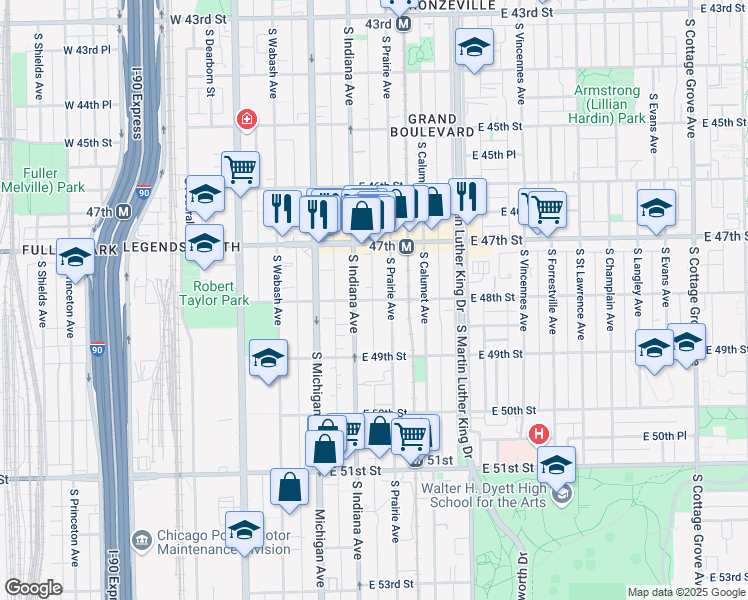 map of restaurants, bars, coffee shops, grocery stores, and more near 4749 South Indiana Avenue in Chicago