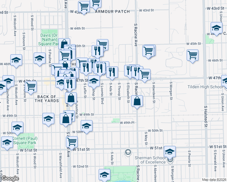 map of restaurants, bars, coffee shops, grocery stores, and more near 4719 South Ada Street in Chicago