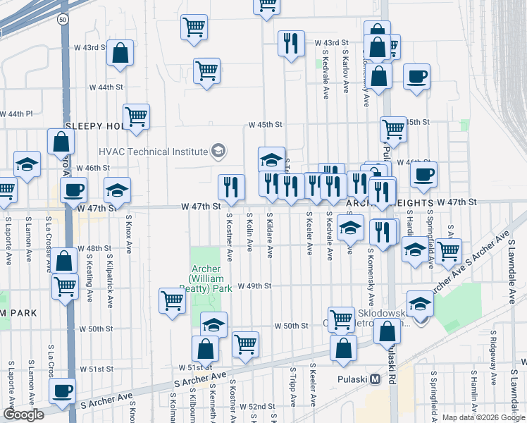 map of restaurants, bars, coffee shops, grocery stores, and more near 4300 West 47th Street in Chicago