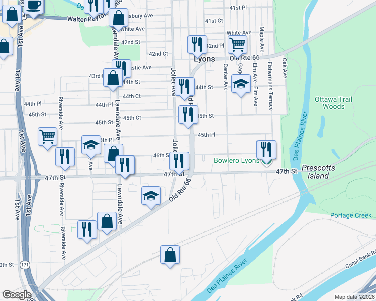 map of restaurants, bars, coffee shops, grocery stores, and more near 4545 Prescott Avenue in Lyons