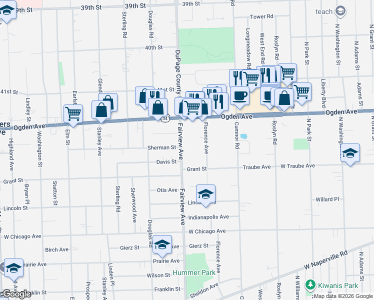 map of restaurants, bars, coffee shops, grocery stores, and more near 4341 Fairview Avenue in Downers Grove