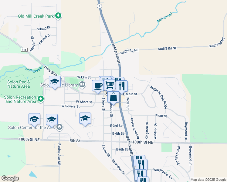 map of restaurants, bars, coffee shops, grocery stores, and more near 131 E North St in Solon