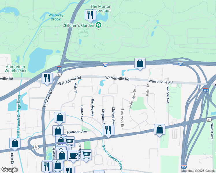 map of restaurants, bars, coffee shops, grocery stores, and more near 801 Warrenville Road in Lisle