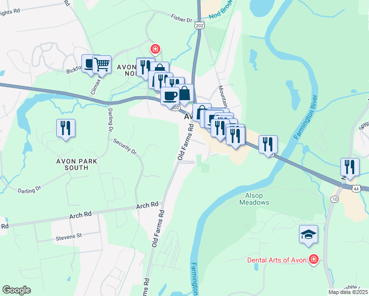 map of restaurants, bars, coffee shops, grocery stores, and more near 26 Old Farms Rd in Avon