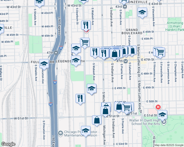 map of restaurants, bars, coffee shops, grocery stores, and more near 4752 South Wabash Avenue in Chicago