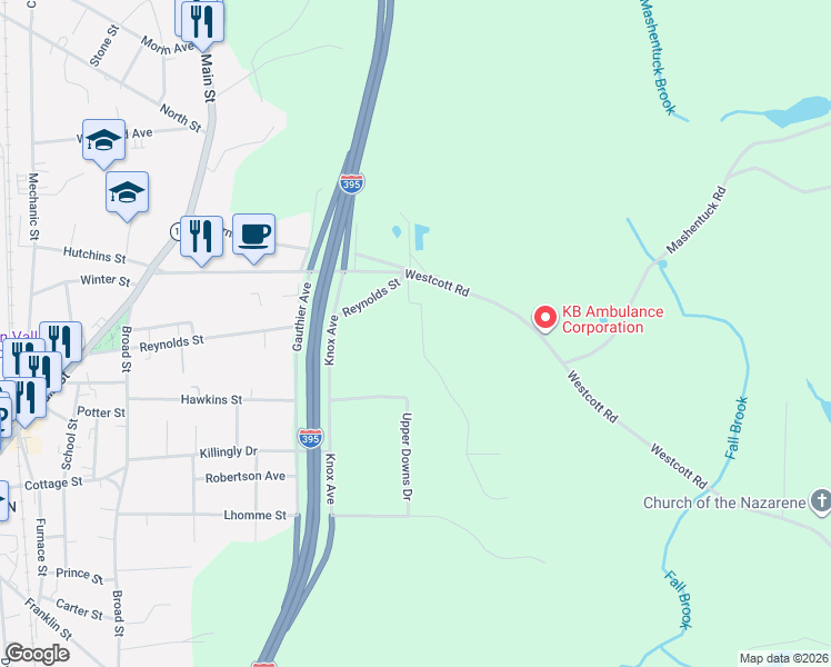 map of restaurants, bars, coffee shops, grocery stores, and more near 29 Hillside View in Killingly