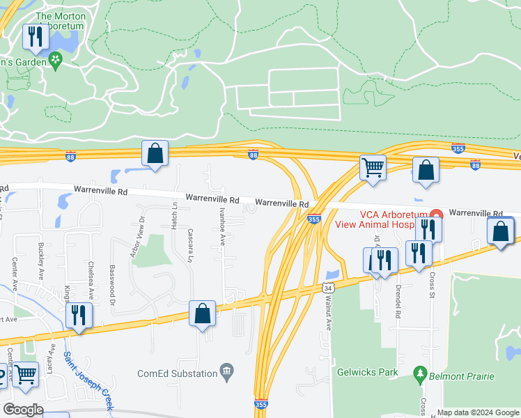 map of restaurants, bars, coffee shops, grocery stores, and more near 453 Warrenville Road in Lisle