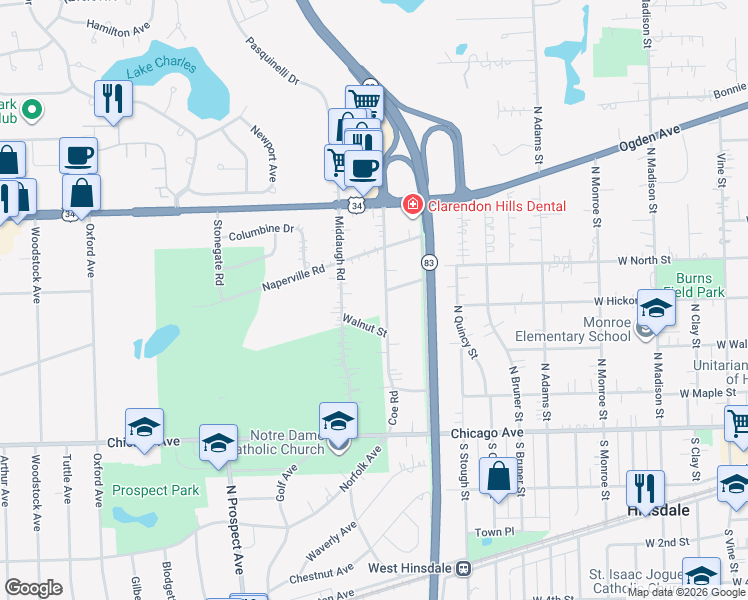 map of restaurants, bars, coffee shops, grocery stores, and more near 256 Coe Road in Clarendon Hills
