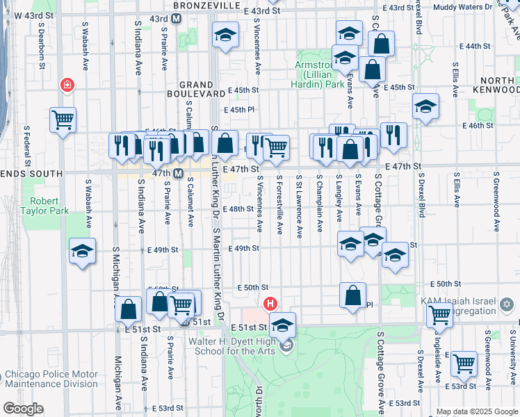map of restaurants, bars, coffee shops, grocery stores, and more near S Vincennes Ave & E 48th St in Chicago