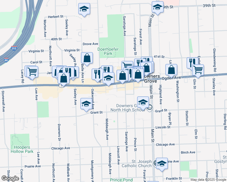 map of restaurants, bars, coffee shops, grocery stores, and more near 1245-9 Ogden Avenue in Downers Grove