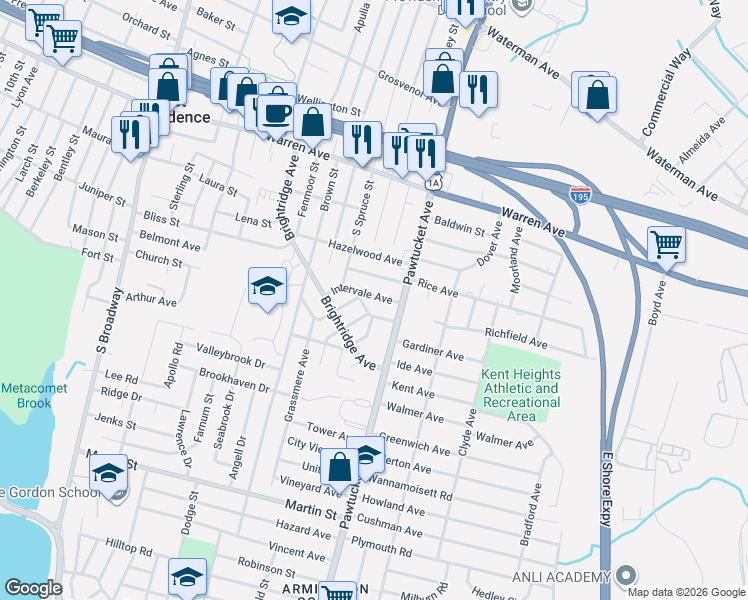 map of restaurants, bars, coffee shops, grocery stores, and more near 17 Intervale Avenue in East Providence