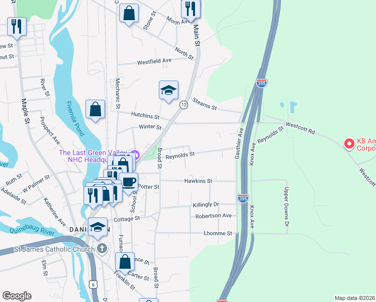 map of restaurants, bars, coffee shops, grocery stores, and more near 50 Capron Street in Killingly