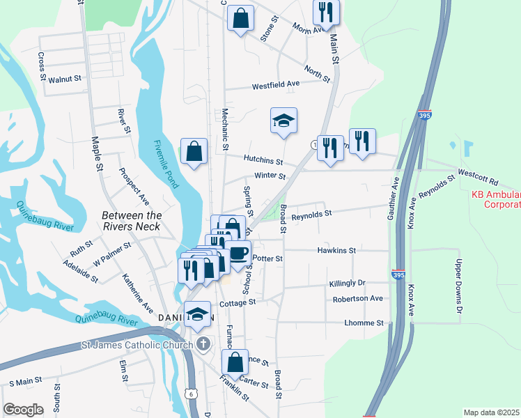 map of restaurants, bars, coffee shops, grocery stores, and more near 24 Spring Street in Killingly