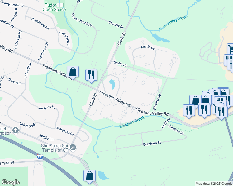 map of restaurants, bars, coffee shops, grocery stores, and more near 42 Cinnamon Spring in South Windsor