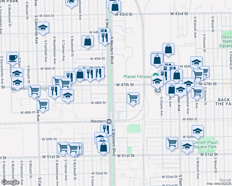 map of restaurants, bars, coffee shops, grocery stores, and more near 4717 South Western Boulevard in Chicago