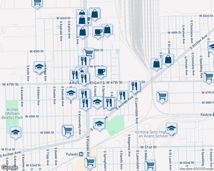 map of restaurants, bars, coffee shops, grocery stores, and more near 3834 West 47th Street in Chicago