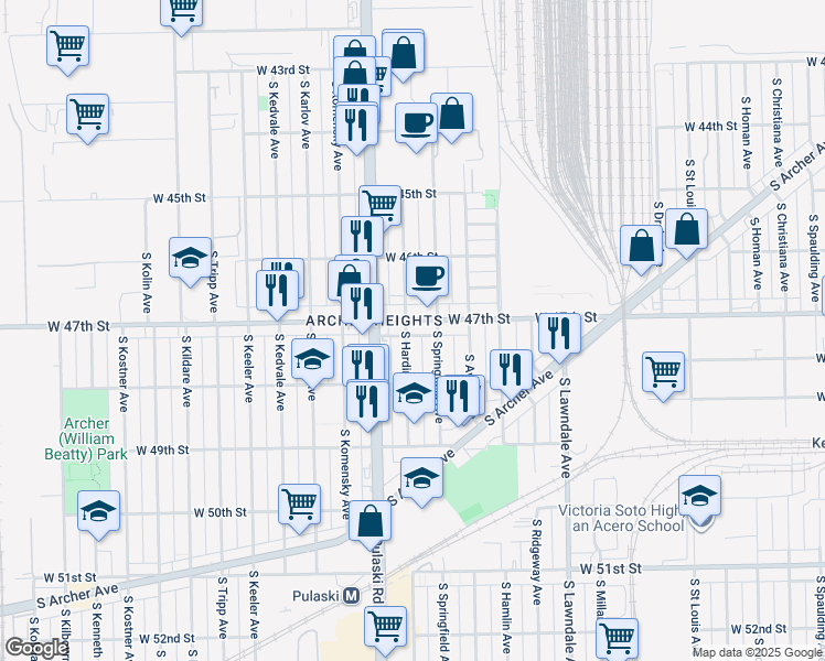 map of restaurants, bars, coffee shops, grocery stores, and more near 3904 West 47th Street in Chicago