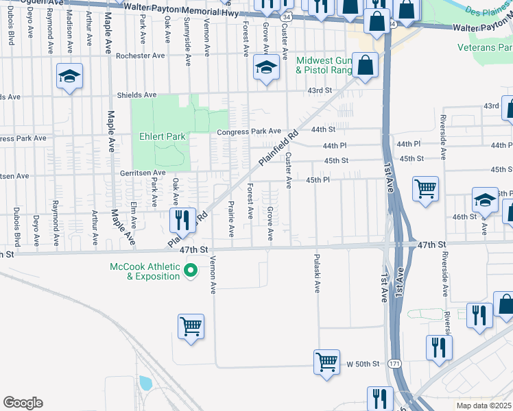 map of restaurants, bars, coffee shops, grocery stores, and more near 4514 Grove Avenue in Brookfield