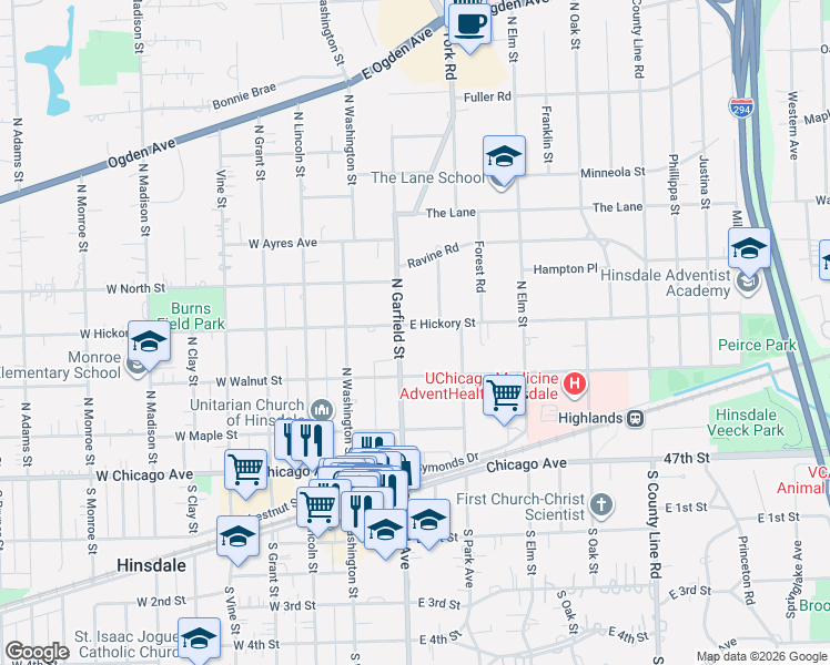 map of restaurants, bars, coffee shops, grocery stores, and more near 309 North Garfield Street in Hinsdale